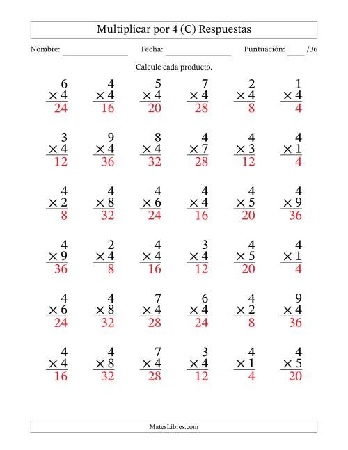La hoja de ejercicios de Multiplicar (Factores de 1 a 9) por 4 (36 Preguntas) (C) Página 2
