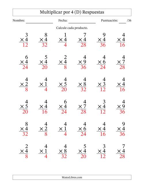 La hoja de ejercicios de Multiplicar (Factores de 1 a 9) por 4 (36 Preguntas) (D) Página 2