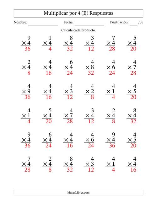 La hoja de ejercicios de Multiplicar (Factores de 1 a 9) por 4 (36 Preguntas) (E) Página 2