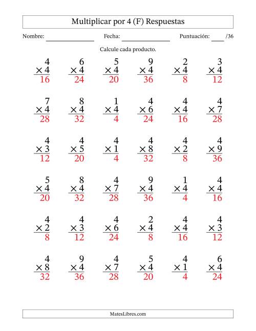La hoja de ejercicios de Multiplicar (Factores de 1 a 9) por 4 (36 Preguntas) (F) Página 2