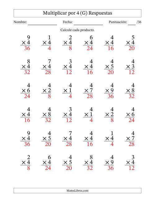 La hoja de ejercicios de Multiplicar (Factores de 1 a 9) por 4 (36 Preguntas) (G) Página 2