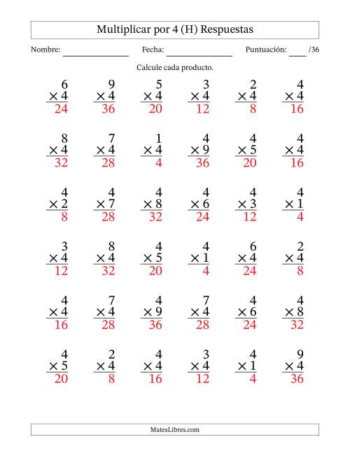 La hoja de ejercicios de Multiplicar (Factores de 1 a 9) por 4 (36 Preguntas) (H) Página 2