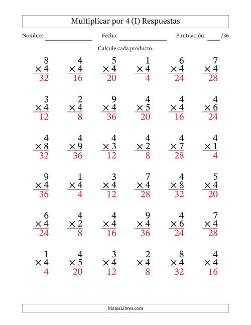 La hoja de ejercicios de Multiplicar (Factores de 1 a 9) por 4 (36 Preguntas) (I) Página 2