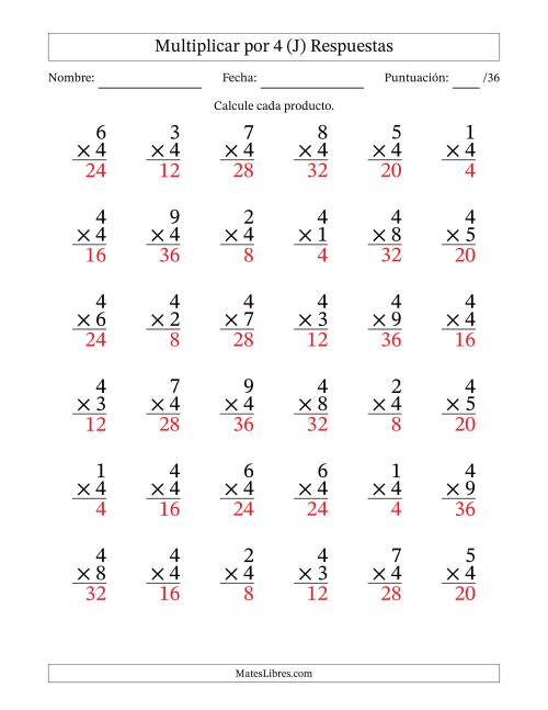 La hoja de ejercicios de Multiplicar (Factores de 1 a 9) por 4 (36 Preguntas) (J) Página 2