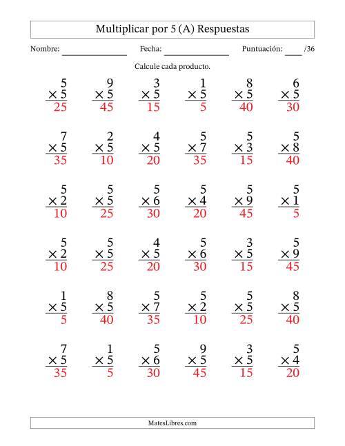 La hoja de ejercicios de Multiplicar (Factores de 1 a 9) por 5 (36 Preguntas) (A) Página 2
