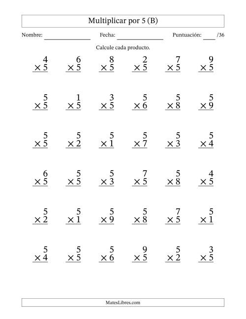 La hoja de ejercicios de Multiplicar (Factores de 1 a 9) por 5 (36 Preguntas) (B)