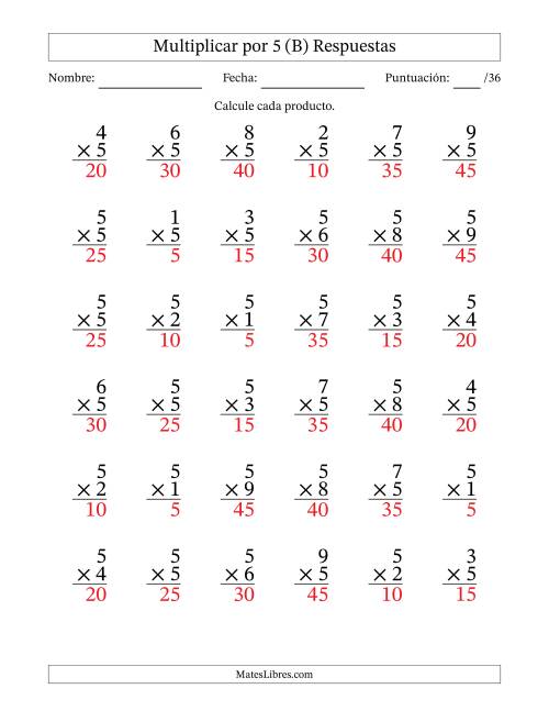 La hoja de ejercicios de Multiplicar (Factores de 1 a 9) por 5 (36 Preguntas) (B) Página 2