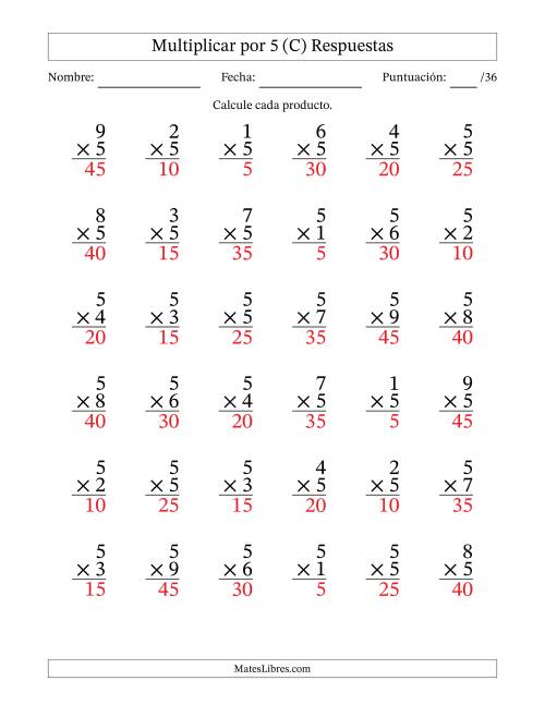 La hoja de ejercicios de Multiplicar (Factores de 1 a 9) por 5 (36 Preguntas) (C) Página 2