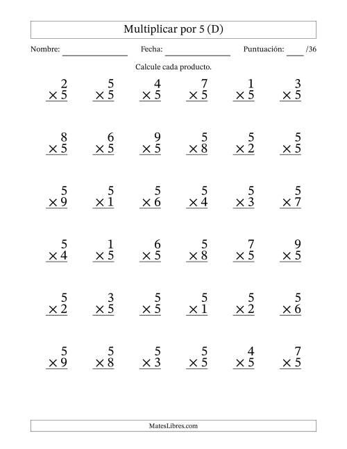 La hoja de ejercicios de Multiplicar (Factores de 1 a 9) por 5 (36 Preguntas) (D)