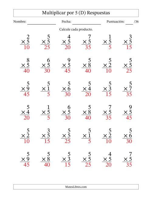 La hoja de ejercicios de Multiplicar (Factores de 1 a 9) por 5 (36 Preguntas) (D) Página 2