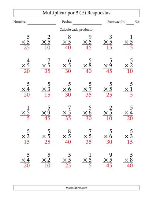 La hoja de ejercicios de Multiplicar (Factores de 1 a 9) por 5 (36 Preguntas) (E) Página 2