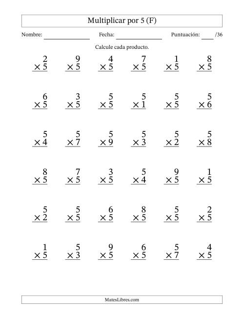 La hoja de ejercicios de Multiplicar (Factores de 1 a 9) por 5 (36 Preguntas) (F)
