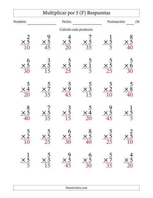 La hoja de ejercicios de Multiplicar (Factores de 1 a 9) por 5 (36 Preguntas) (F) Página 2