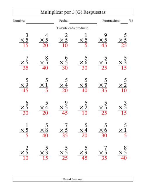 La hoja de ejercicios de Multiplicar (Factores de 1 a 9) por 5 (36 Preguntas) (G) Página 2