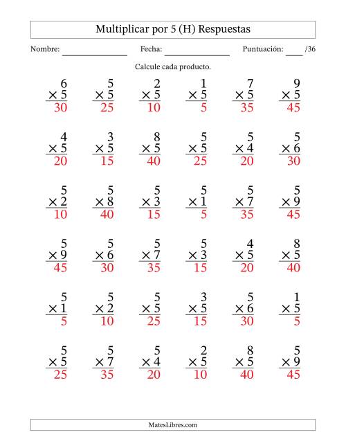 La hoja de ejercicios de Multiplicar (Factores de 1 a 9) por 5 (36 Preguntas) (H) Página 2