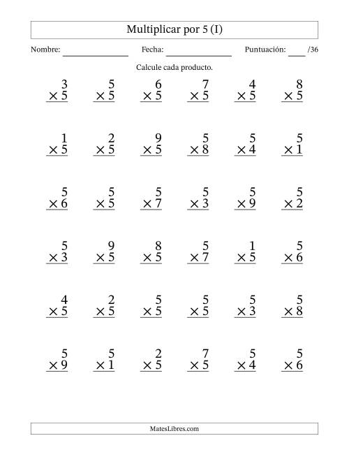 La hoja de ejercicios de Multiplicar (Factores de 1 a 9) por 5 (36 Preguntas) (I)