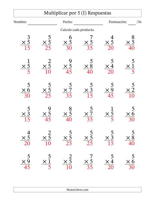 La hoja de ejercicios de Multiplicar (Factores de 1 a 9) por 5 (36 Preguntas) (I) Página 2