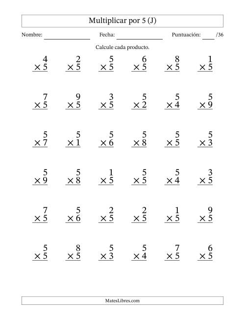 La hoja de ejercicios de Multiplicar (Factores de 1 a 9) por 5 (36 Preguntas) (J)