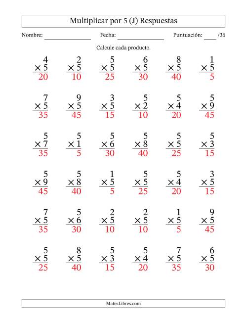 La hoja de ejercicios de Multiplicar (Factores de 1 a 9) por 5 (36 Preguntas) (J) Página 2