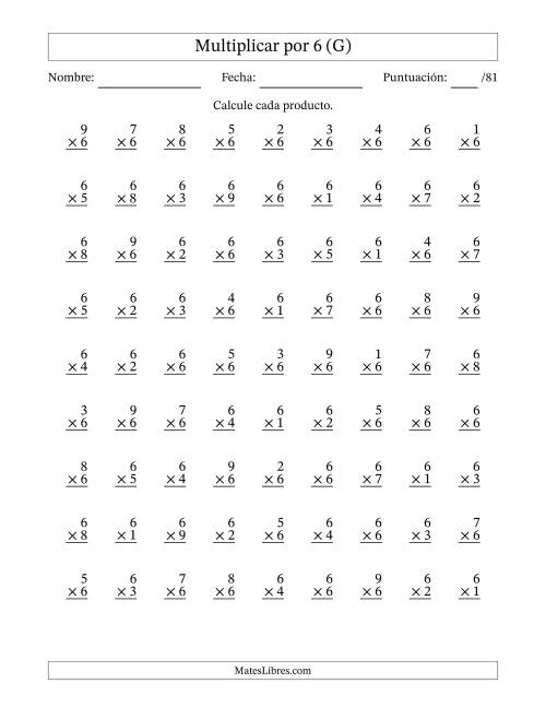 La hoja de ejercicios de Multiplicar (Factores de 1 a 9) por 6 (81 Preguntas) (G)