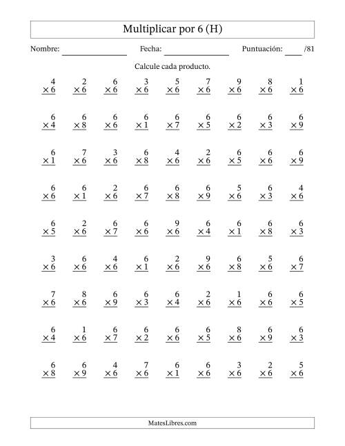 La hoja de ejercicios de Multiplicar (Factores de 1 a 9) por 6 (81 Preguntas) (H)