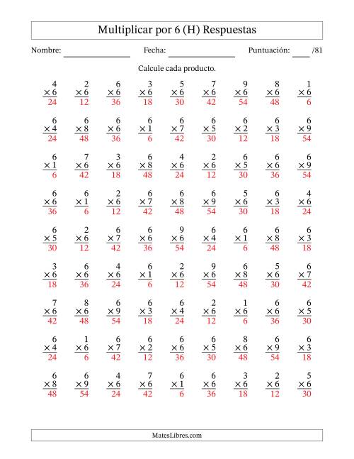 La hoja de ejercicios de Multiplicar (Factores de 1 a 9) por 6 (81 Preguntas) (H) Página 2