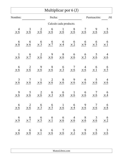 La hoja de ejercicios de Multiplicar (Factores de 1 a 9) por 6 (81 Preguntas) (J)