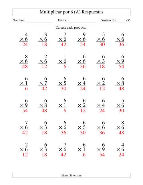 La hoja de ejercicios de Multiplicar (Factores de 1 a 9) por 6 (36 Preguntas) (A) Página 2