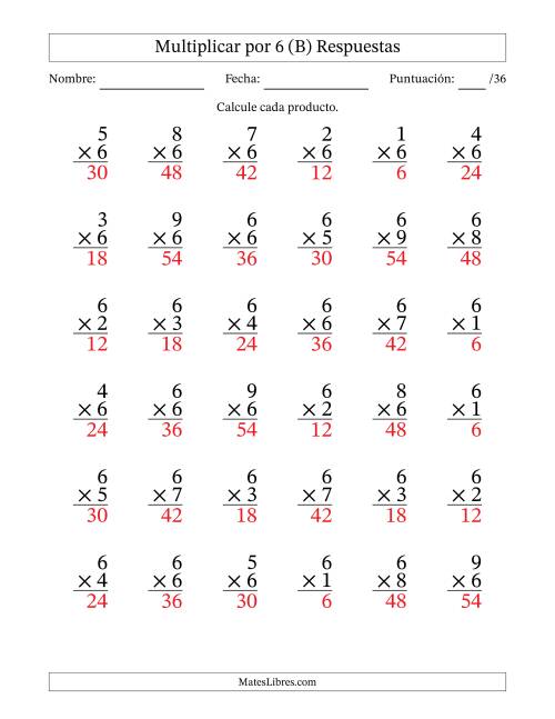 La hoja de ejercicios de Multiplicar (Factores de 1 a 9) por 6 (36 Preguntas) (B) Página 2