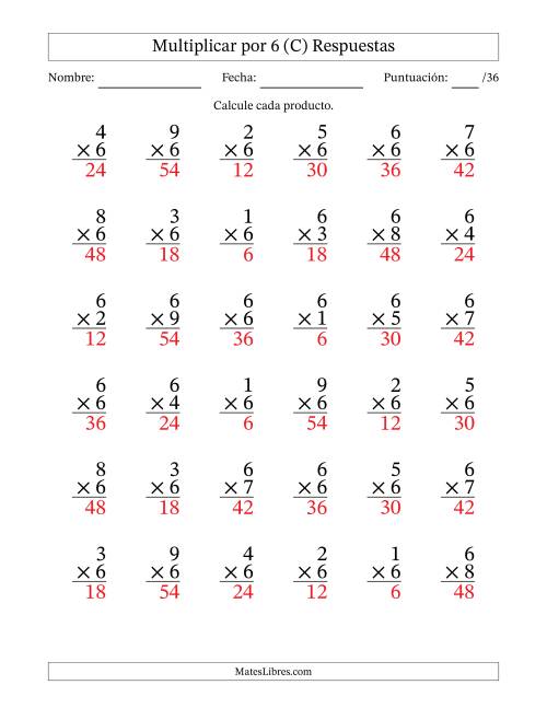 La hoja de ejercicios de Multiplicar (Factores de 1 a 9) por 6 (36 Preguntas) (C) Página 2