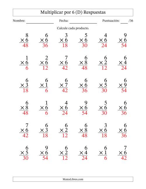 La hoja de ejercicios de Multiplicar (Factores de 1 a 9) por 6 (36 Preguntas) (D) Página 2