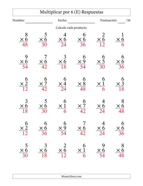 La hoja de ejercicios de Multiplicar (Factores de 1 a 9) por 6 (36 Preguntas) (E) Página 2