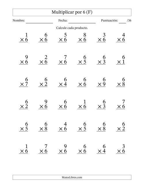La hoja de ejercicios de Multiplicar (Factores de 1 a 9) por 6 (36 Preguntas) (F)