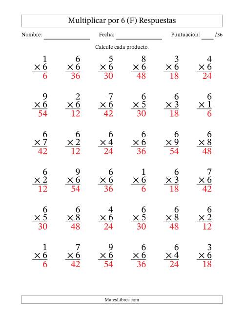 La hoja de ejercicios de Multiplicar (Factores de 1 a 9) por 6 (36 Preguntas) (F) Página 2
