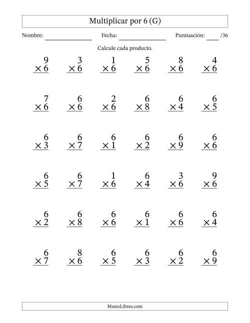 La hoja de ejercicios de Multiplicar (Factores de 1 a 9) por 6 (36 Preguntas) (G)