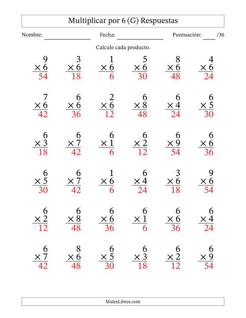 La hoja de ejercicios de Multiplicar (Factores de 1 a 9) por 6 (36 Preguntas) (G) Página 2