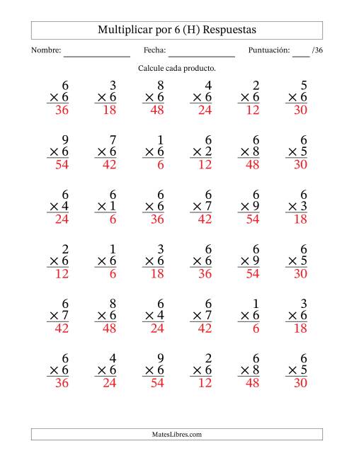 La hoja de ejercicios de Multiplicar (Factores de 1 a 9) por 6 (36 Preguntas) (H) Página 2