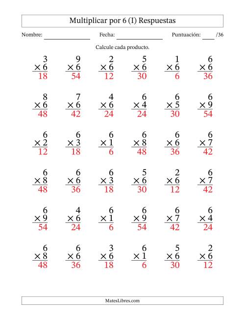 La hoja de ejercicios de Multiplicar (Factores de 1 a 9) por 6 (36 Preguntas) (I) Página 2