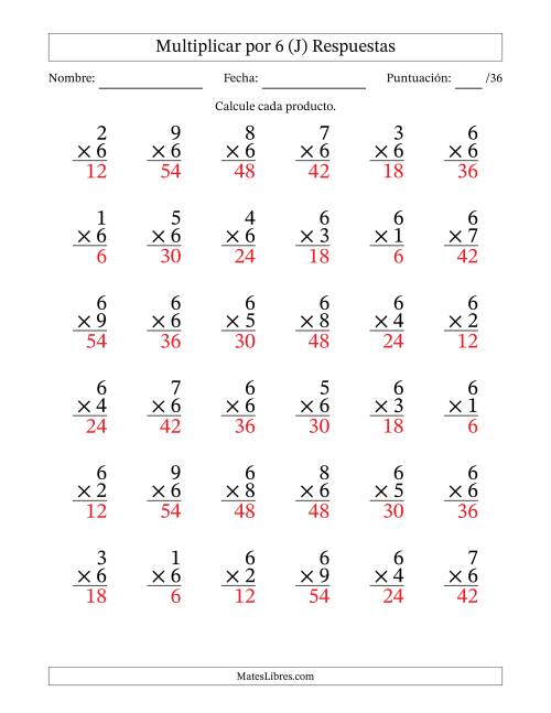La hoja de ejercicios de Multiplicar (Factores de 1 a 9) por 6 (36 Preguntas) (J) Página 2