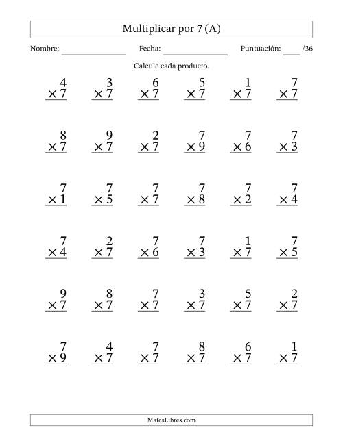 La hoja de ejercicios de Multiplicar (Factores de 1 a 9) por 7 (36 Preguntas) (A)