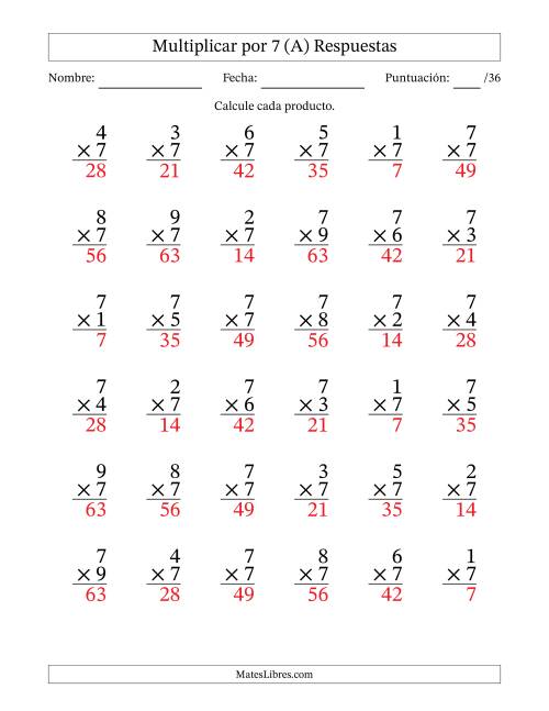 La hoja de ejercicios de Multiplicar (Factores de 1 a 9) por 7 (36 Preguntas) (A) Página 2