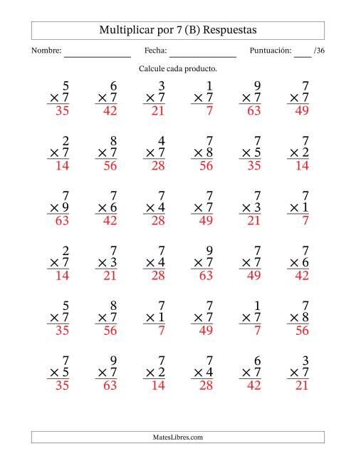 La hoja de ejercicios de Multiplicar (Factores de 1 a 9) por 7 (36 Preguntas) (B) Página 2