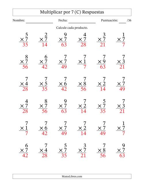 La hoja de ejercicios de Multiplicar (Factores de 1 a 9) por 7 (36 Preguntas) (C) Página 2
