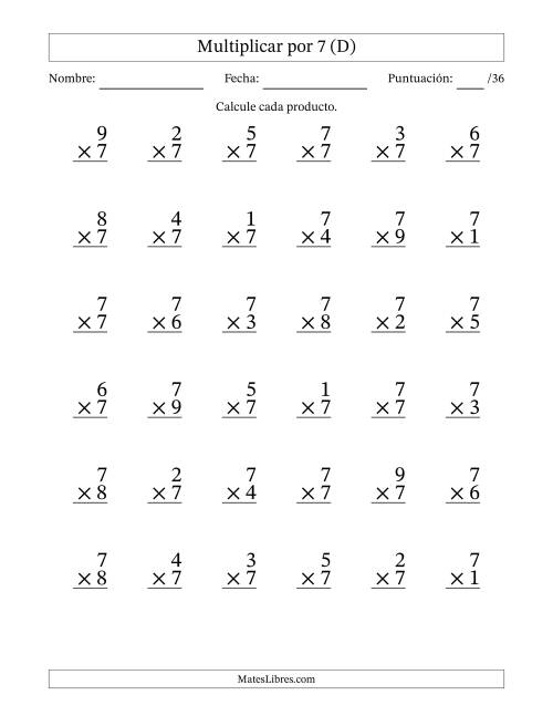 La hoja de ejercicios de Multiplicar (Factores de 1 a 9) por 7 (36 Preguntas) (D)