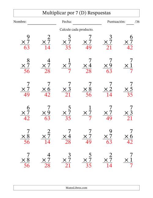 La hoja de ejercicios de Multiplicar (Factores de 1 a 9) por 7 (36 Preguntas) (D) Página 2
