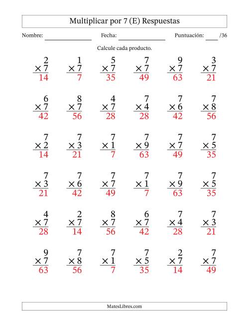 La hoja de ejercicios de Multiplicar (Factores de 1 a 9) por 7 (36 Preguntas) (E) Página 2
