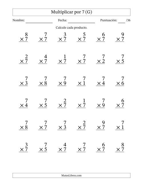 La hoja de ejercicios de Multiplicar (Factores de 1 a 9) por 7 (36 Preguntas) (G)
