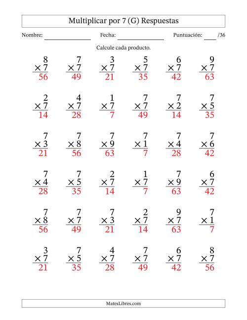 La hoja de ejercicios de Multiplicar (Factores de 1 a 9) por 7 (36 Preguntas) (G) Página 2