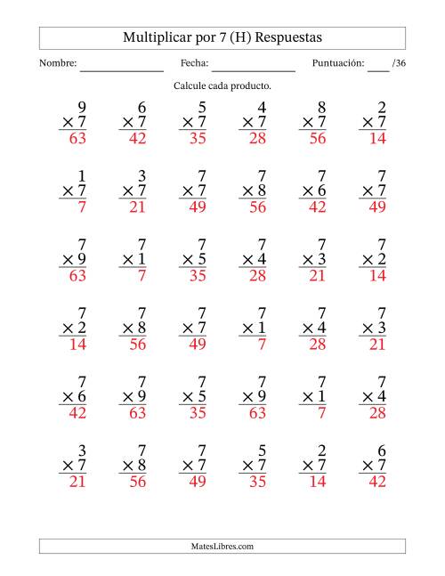 La hoja de ejercicios de Multiplicar (Factores de 1 a 9) por 7 (36 Preguntas) (H) Página 2