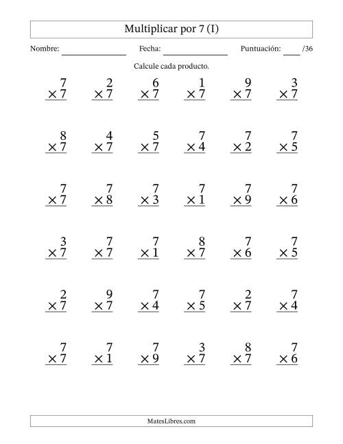 La hoja de ejercicios de Multiplicar (Factores de 1 a 9) por 7 (36 Preguntas) (I)
